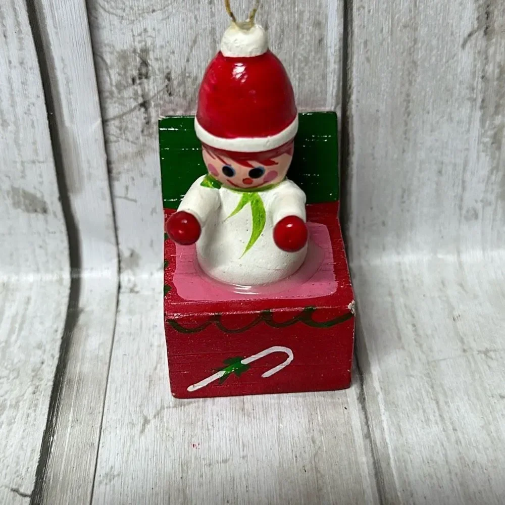 Vintage Wooden Christmas Ornaments set of 5 Snowman‎ Jack-in-the-box Train Harp